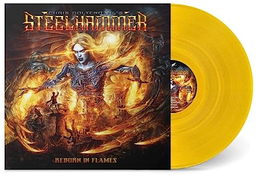 Yellow vinyl record with album cover featuring a woman amidst flames.