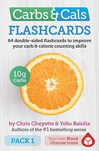 "Book cover with orange slice image, text 'Carbs & Cals FLASHCARDS' and nutritional information."