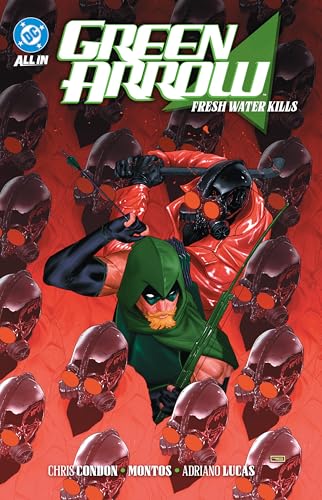 Green Arrow stands before a red background filled with repeating gas mask patterns.