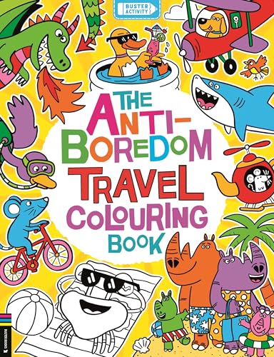 Colouring book cover with cartoon animals, vehicles, and bold text.