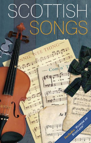 Violin, sheet music, and a tartan ribbon on a blue wooden background.