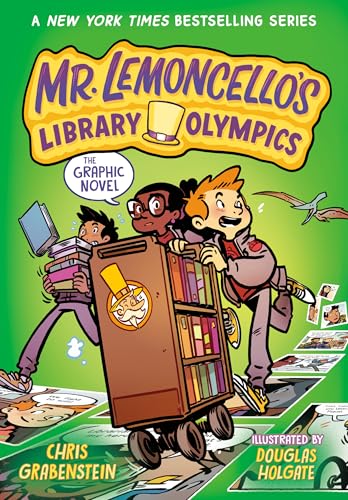 Children push a book cart in a colorful graphic novel cover.