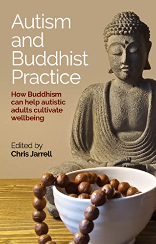 Book cover with Buddha statue and prayer beads, titled “Autism and Buddhist Practice.”