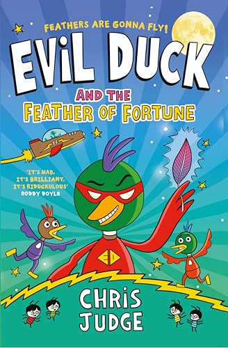 Book cover: angry green duck superhero with a glowing feather.