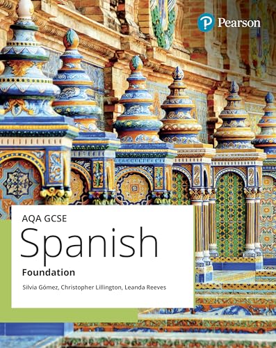 Textbook cover: “AQA GCSE Spanish Foundation” with ornate Spanish architecture.
