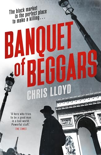 Book cover: “Banquet of Beggars” with a man in a hat and Parisian architecture.