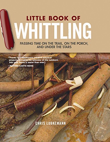 Small book with wood carving tools and whittled wood shavings pictured.
