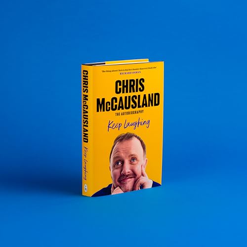 Yellow book cover with portrait of Chris McCausland, titled “Keep Laughing.”