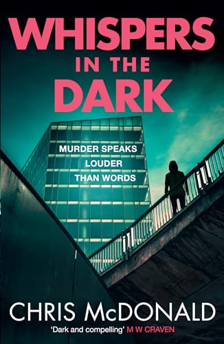 Book cover: “Whispers in the Dark” with a building and lone figure.