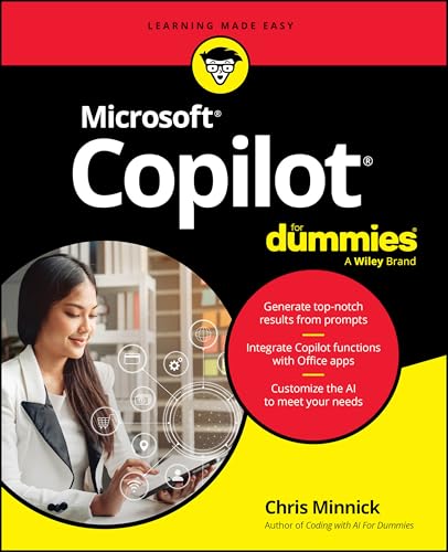 Book cover for Microsoft Copilot For Dummies featuring a woman using a digital tablet.
