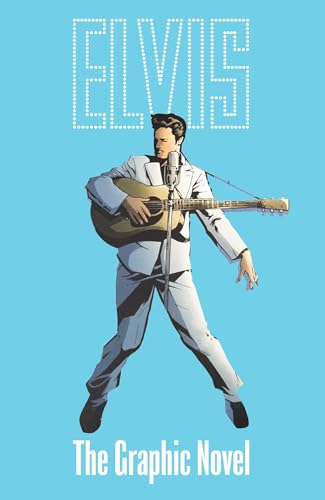 Stylized illustration of Elvis Presley performing with a guitar and microphone.