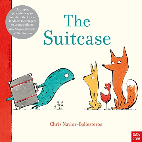 A teal creature pulls a suitcase toward a fox, a rabbit, and a bird.