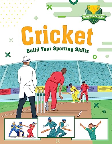 Book cover titled Cricket showing a cricket match with players and an umpire.