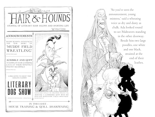A black and white book illustration showing a newspaper page and a tall man.
