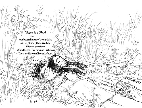 Black and white illustration of a couple lying in tall grass, with poetry.