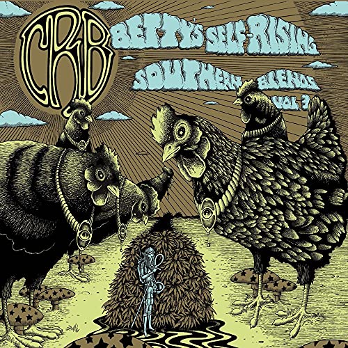 Album cover with illustrated chickens, a robot, and hay bales.