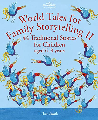 Book cover with illustrated blue birds and red lettering: "World Tales for Family Storytelling II".