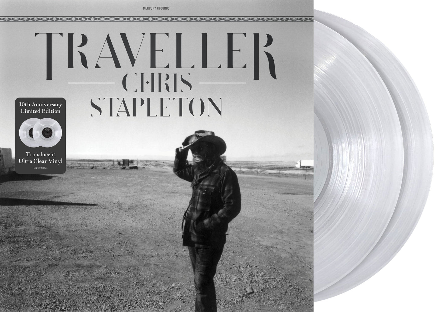 Chris Stapleton Traveller album cover with two clear vinyl records shown to the right.