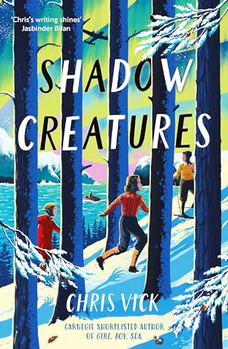 Book cover illustration of children in a snowy forest with northern lights above.