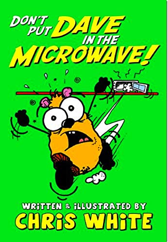 Cartoon hamster clinging to a wire above a microwave, green background.