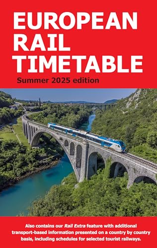 Red cover of “European Rail Timetable Summer 2025” with a train on a bridge.
