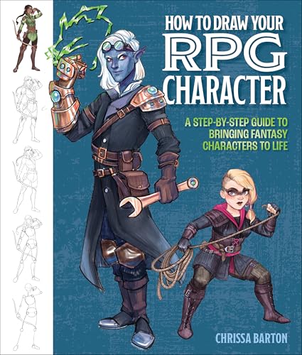 Book cover showing two fantasy characters and drawing steps on a blue background.