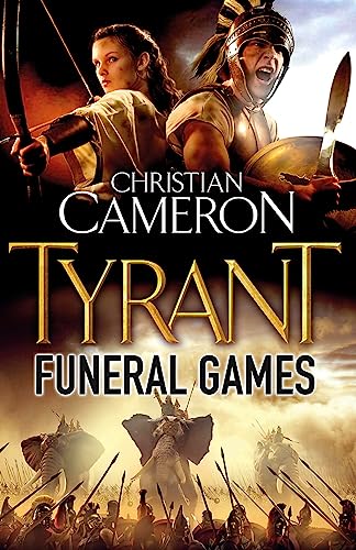 Book cover: warriors with weapons, elephant, and golden title "Tyrant.