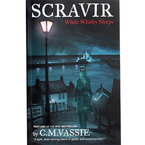 Book cover: dark coastal town, ghostly figure, and illuminated streetlamp.