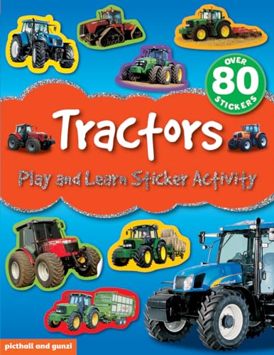 Children’s sticker activity book featuring colorful illustrations of various tractors.