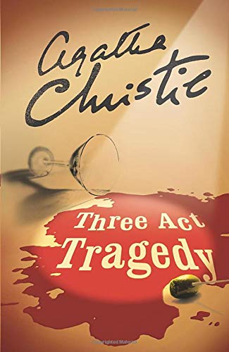 Agatha Christie’s “Three Act Tragedy” book cover with wine glass and olive.