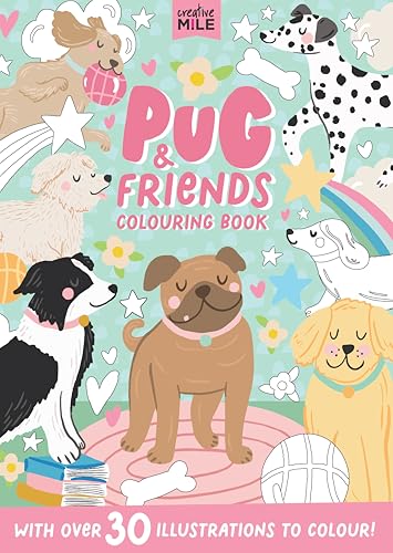Colouring book cover featuring various illustrated dog breeds, stars, and flowers on light blue.