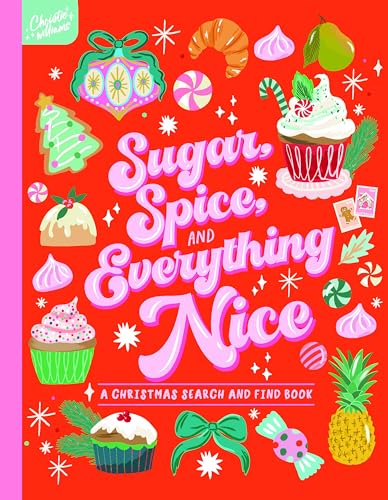 Book cover with red background featuring festive treats, Christmas decorations, and the title text.