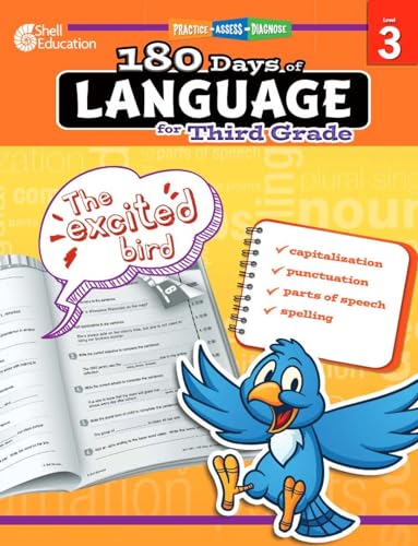 Third grade language workbook with a cartoon bird and open pages.