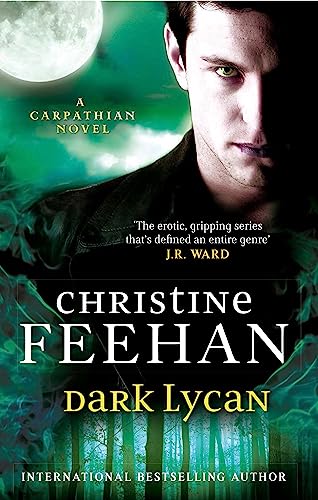 Book cover: man with intense gaze, moonlit forest background, title “Dark Lycan”.