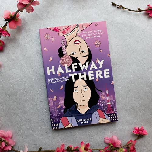 Book cover, “Halfway There,” featuring illustrated faces and floral accents.