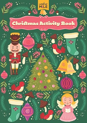 Christmas activity book cover with nutcracker, ornaments, and festive greenery.