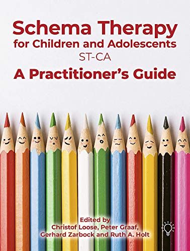 Book cover with colorful pencils and text: "Schema Therapy for Children and Adolescents.