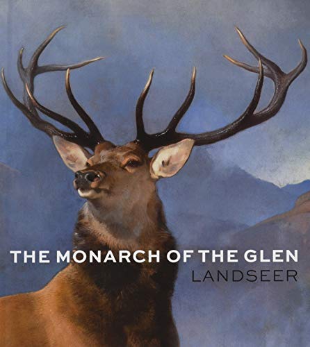 A stag with large antlers against a blue mountain background, titled The Monarch of the Glen.