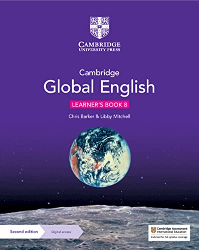 Purple textbook cover with Earth image, titled “Cambridge Global English Learner’s Book 8”.