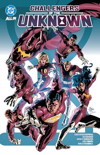 Comic book cover featuring six superheroes in dynamic poses, titled “Challengers of the Unknown.”