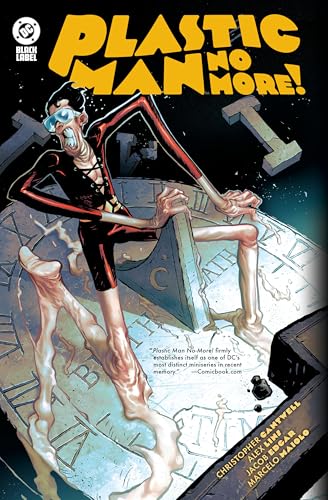 Plastic Man with elongated limbs sits on a large clock face against a dark background.