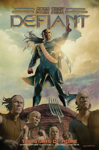 Star Trek comic cover featuring a tall alien figure and three workers.
