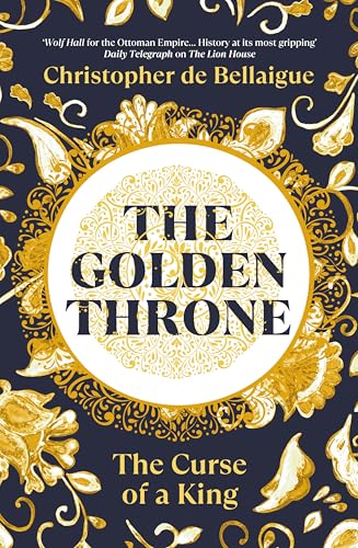 Book cover with dark blue background, gold floral patterns, and white central text circle.