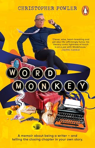 Book cover: man with typewriter, letters, and red armchair on yellow.