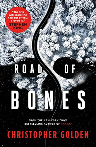 Book cover: dark road winding through a snowy landscape of skulls.
