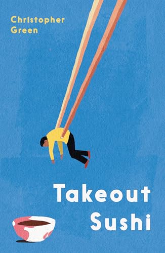Book cover: man falling with chopsticks, bowl, and title "Takeout Sushi".
