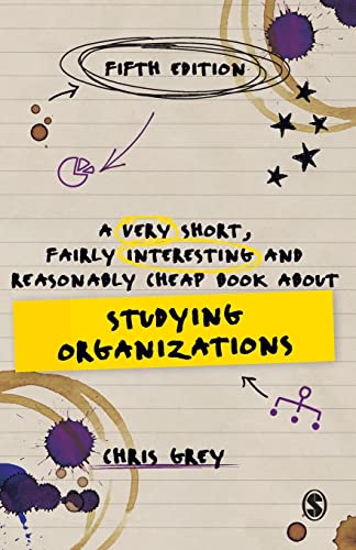 Book cover with handwritten text and purple ink splatters, titled "Studying Organizations".