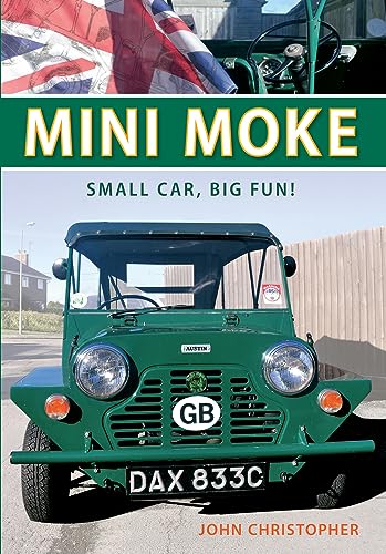 Green Mini Moke car with a British flag and license plate.