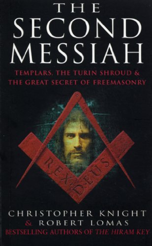 Book cover: "The Second Messiah" featuring a man's face within a Masonic square and compass.