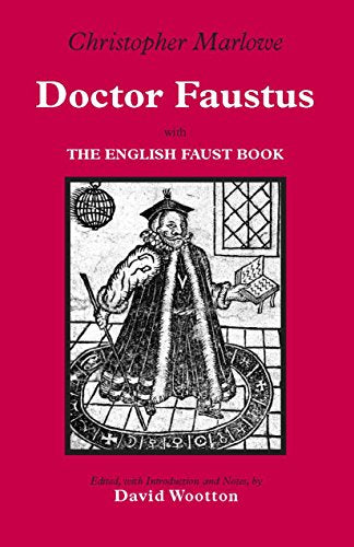 Book cover with pink background, title text, and a historical woodcut illustration of Faustus.